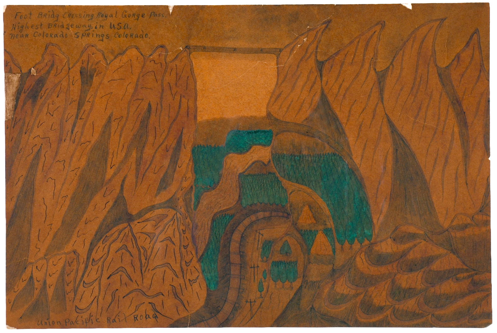 Joseph Yoakum. Foot Bridge Passing Royal Gorge Pass Highest Bridgeway in USA Near CO Springs. (1 of 13)