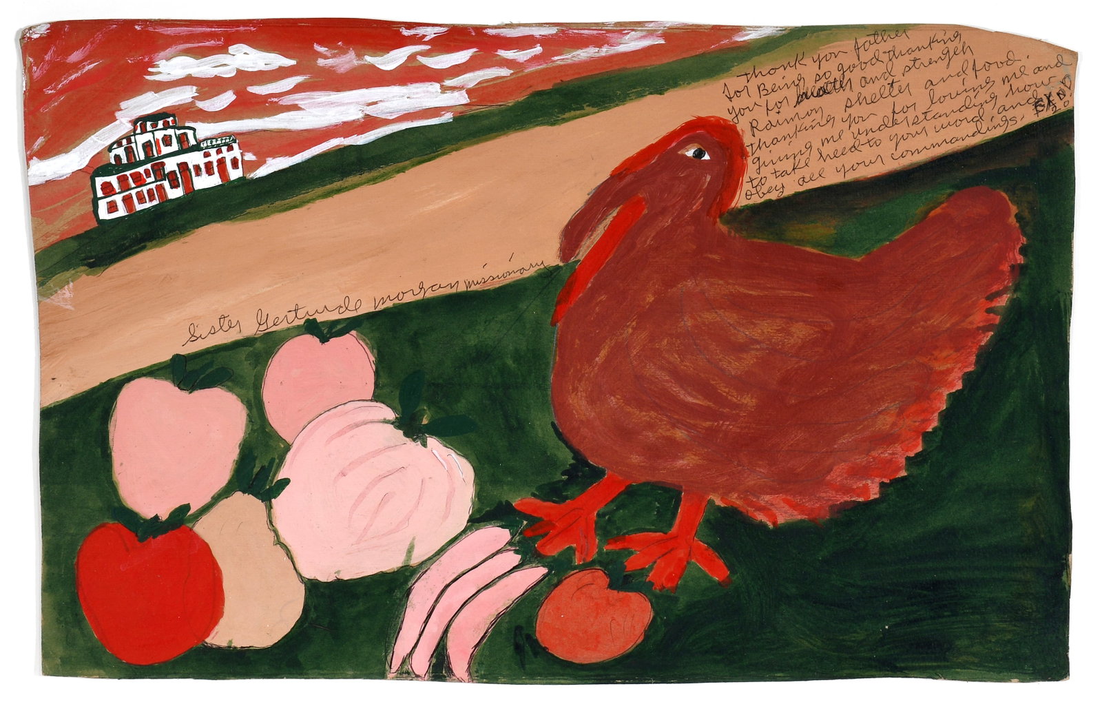 Sister Gertrude Morgan. Thanksgiving.: Sister Gertrude Morgan. Thanksgiving. Signed and titled. Paint on found cardstock. Strong colors, excellent condition. Image is 18.5" w x 12" h. Size with frame is 23" w x 16" h. Est. $4,000-6,000. Sh