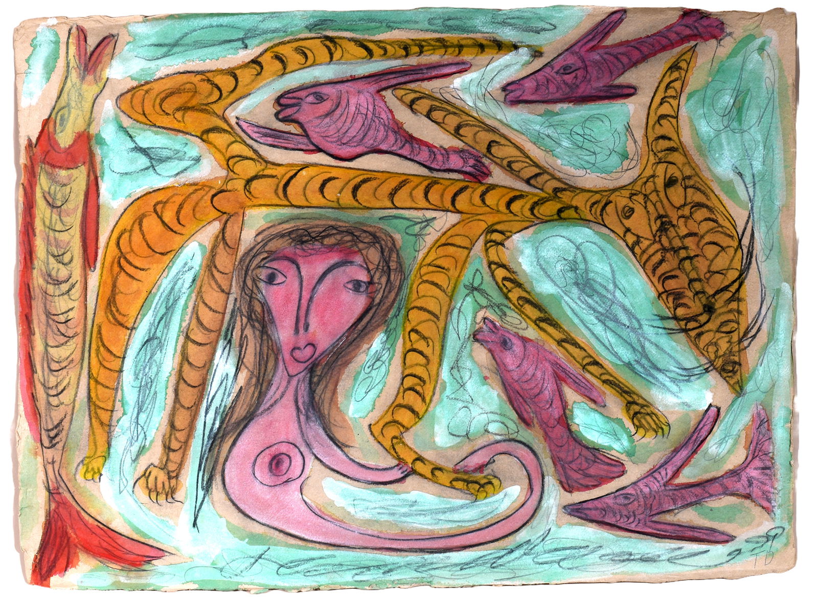 Thornton Dial. Nude With Tiger and Fish.: Thornton Dial. Nude With Tiger and Fish. c. 1991. Initialed. Watercolor, crayon and graphite on artist paper. Excellent condition. Image is 30.5" w x 22.5" h. Size with frame is 36" w x 28.5" h. Est.