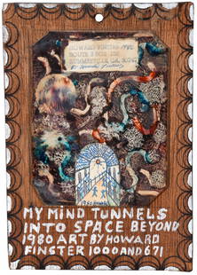 Howard Finster. My Mind Tunnels Into Space Beyond, #1,671.: Howard Finster. My Mind Tunnels Into Space Beyond, #1,671. 1980. Signed, dated, titled and numbered. Mixed media and paint on reverse glass backed to board. Excellent condition. 5.75" w x 8" h. Est. $