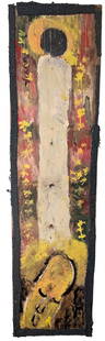 Purvis Young. Christ Figure.: Purvis Young. (1943-2010, Florida). Christ Figure. Signed. Paint on board with carpet remnant frame. Excellent environmental condition. 25" w x 96" h. Est. $6,000-12,000. Buyer is responsible for ship
