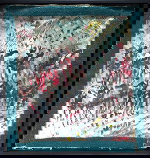 Purvis Young. Warriors On Procession.: Purvis Young. Warriors On Procession. c. 1990's. Signed. Paint on canvas backed to carpet with carpet fragment frame. Excellent as-found condition. Size with shadowbox frame is 40" w x 42" h. Provenan
