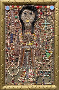 Simon Sparrow. High Styled Woman.: Simon Sparrow. (1925-2000). High Styled Woman. c. 1980. Signed. Costume jewelry, glitter and mixed media assemblage on board. Excellent condition. Size with artist-made frame is 24.5" w x 37.5" h. Pro
