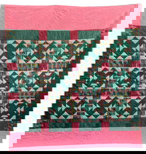 Gees Bend Pink and Green King Size Quilt.: Gees Bend. Pink and Green King Size Quilt. Hand-sewn cotton. Excellent condition. 100" w x 90" h. Est. $2,000-3,000. Ship: $65