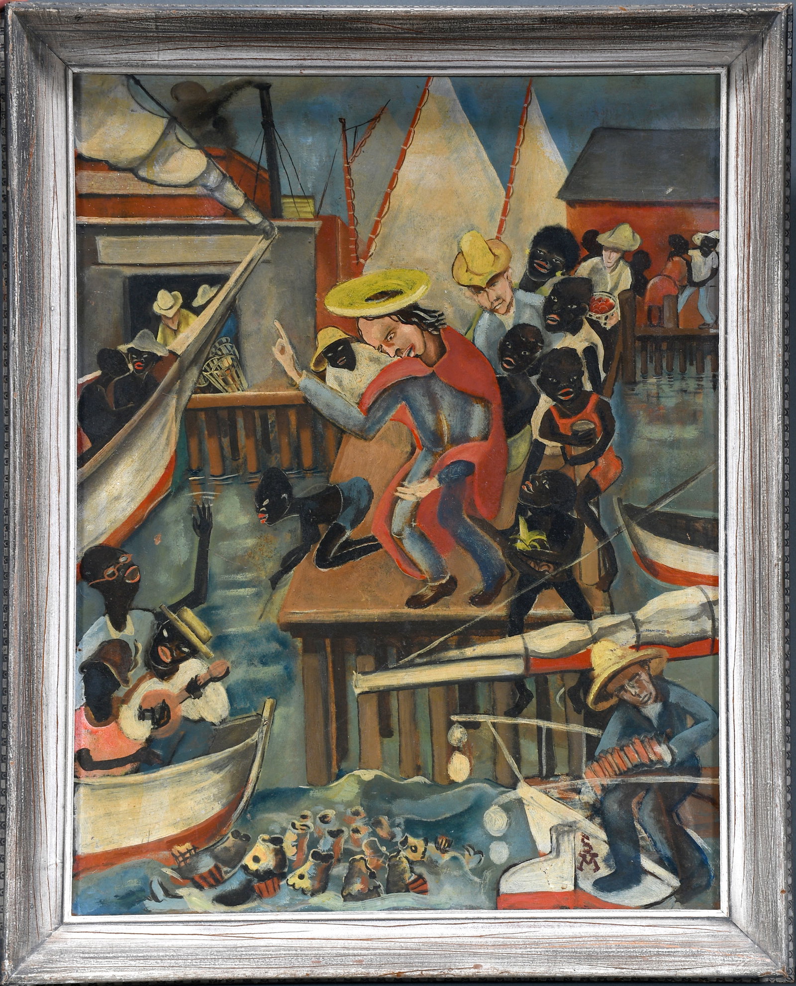 S.M. Saint Blessing At The Dock.: S.M. Saint Blessing At The Dock. c. 1940's. Initialed. Paint on Upson board. Some impainting throughout and minor paint flake middle left and minor wear, otherwise good condition. Size with frame is 2