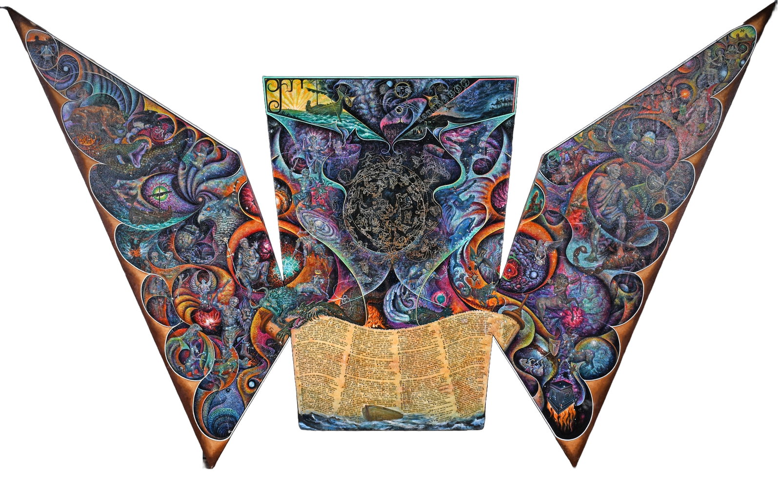 Frank Bruno. Triptych Astrological Butterfly.: Frank Bruno. Triptych Astrological Butterfly. Signed. Masterpiece example with incredible details. Oil on canvas stretched over homemade frame. Minor wear on upper left wing edge, otherwise excellent 