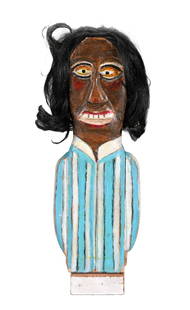 William Dawson. Figure In Blue Stripped Shirt.: William Dawson. (1901-1990, Alabama - Chicago). Figure In Blue Stripped Shirt. 1989. Signed and dated. Carved and painted wood with wig hair. Excellent condition. 18.5" h. Est. $2,000-3,000. Ship: $75