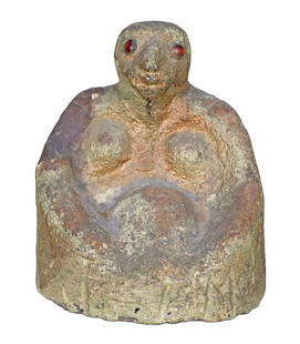 Antique African American Effigy Sculpture of A Pregnant Woman.: Anonymous Memphis, TN Antique African American Effigy Sculpture of A Pregnant Woman. c. 1920's. Titled, "Jim Lady." Cement with beaded eyes and gold paint. Found in the Whitehaven neighborhood in Memp