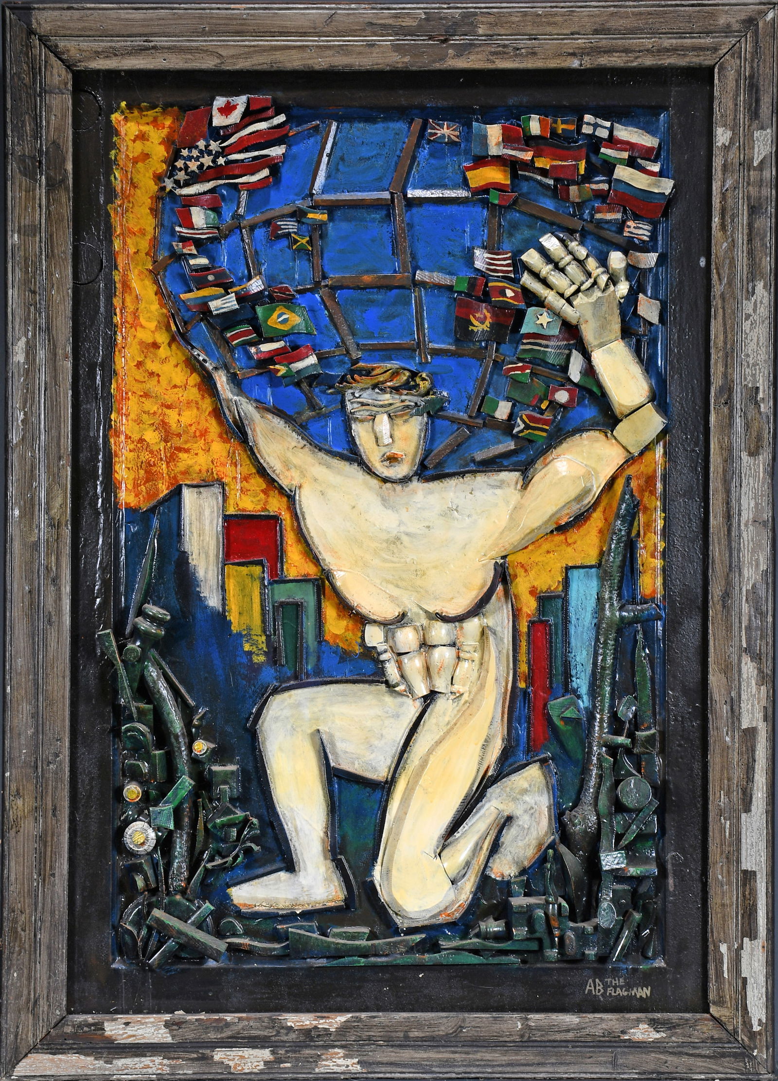 Ab The Flagman. Charles Atlas.: Ab The Flagman. Charles Atlas. Signed. Paint and scrap wood construction backed to heavy door. Excellent condition. 38.5" w x 54" h x 3" d. Est. $3,000-5,000. Buyer is responsible for shipping.