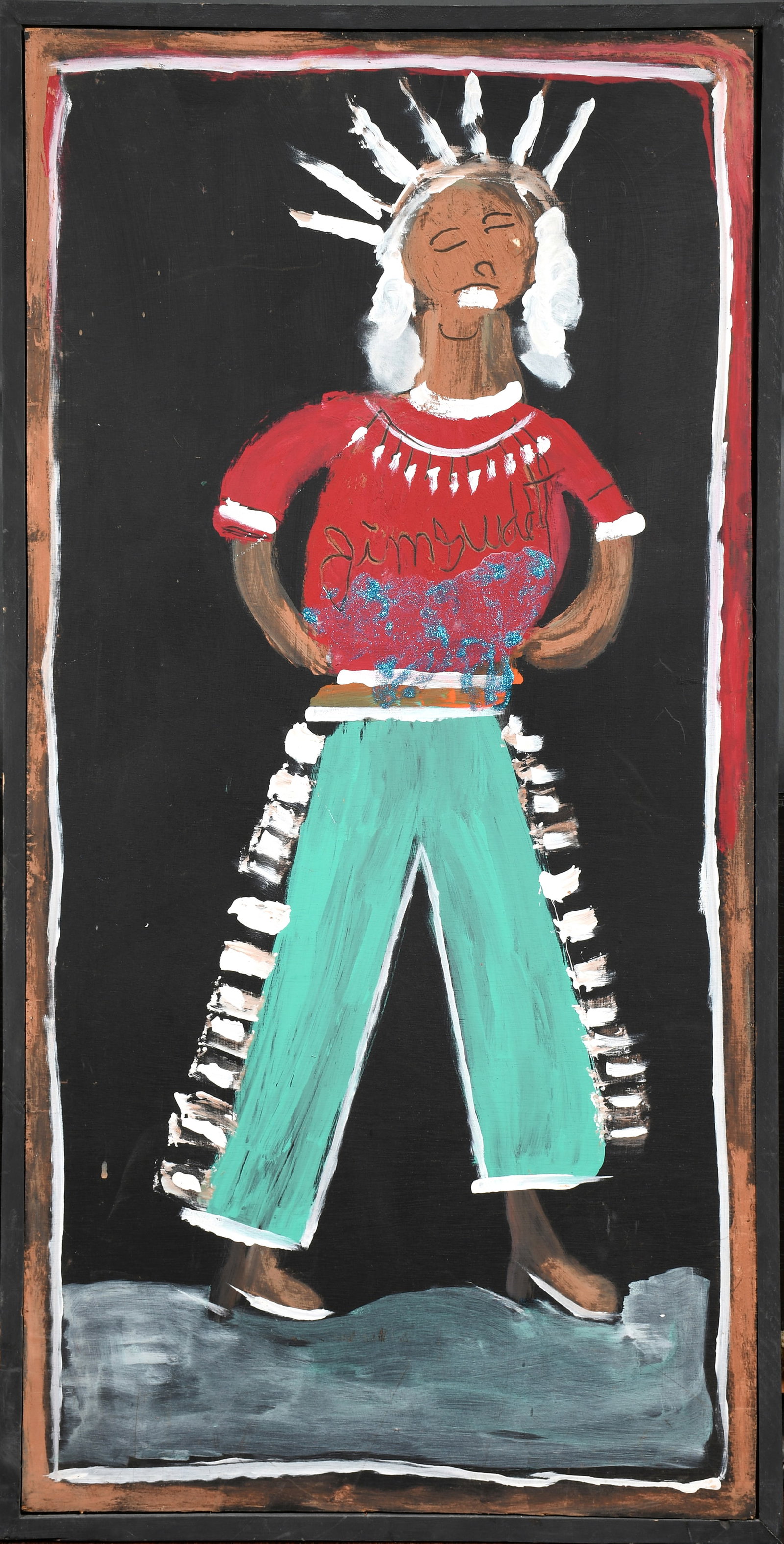 Jimmy Lee Sudduth. Native American Man.: Jimmy Lee Sudduth. Native American Man. Signed. Heavy mud, glitter and paint on board. Excellent condition. Size with frame is 26" w x 50" h. Est. $1,000-2,000. Ship: $300