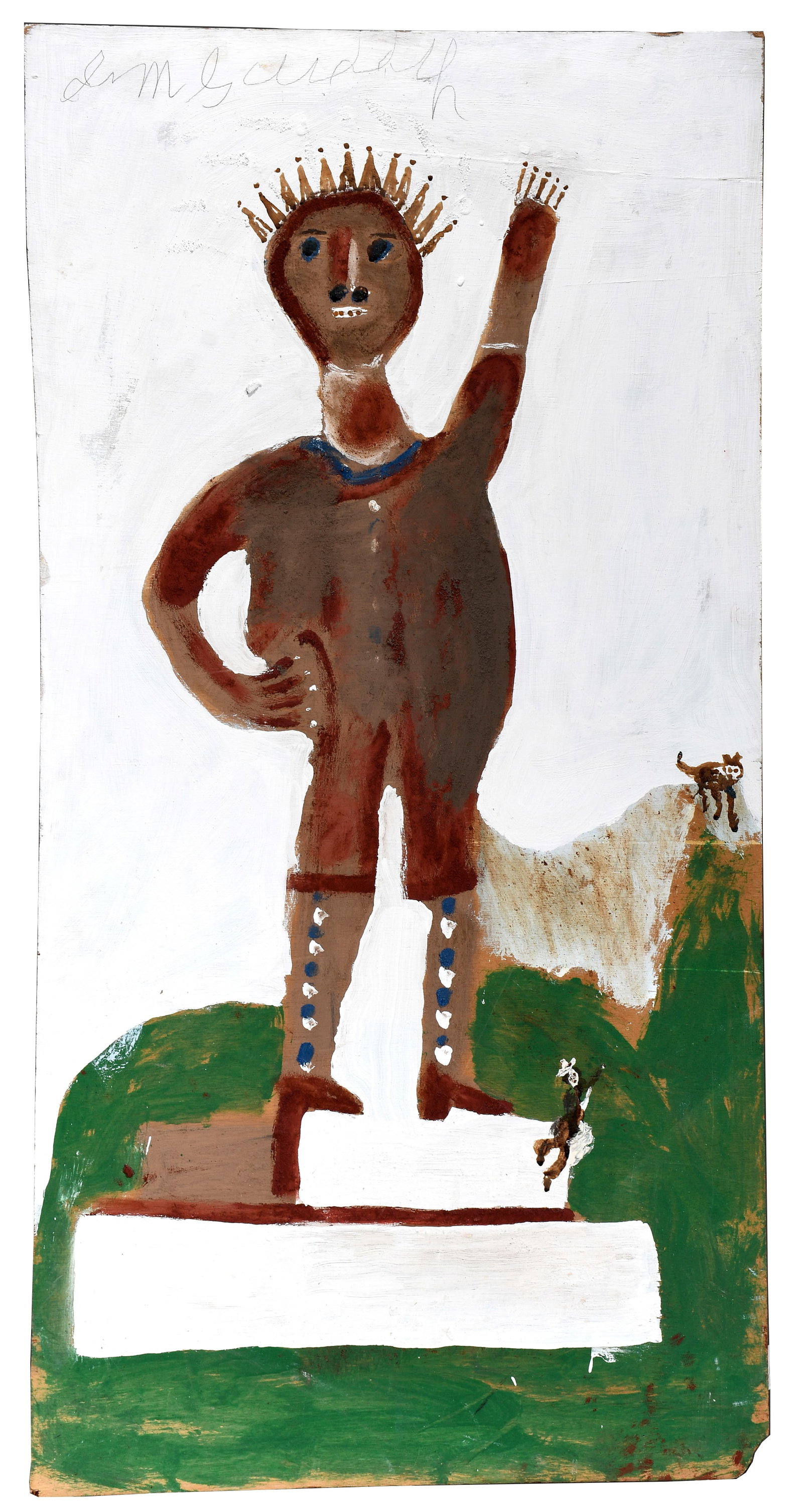 Jimmy Lee Sudduth. Vulcan Statue.: Jimmy Lee Sudduth. Vulcan Statue. c. 1991. Signed. Paint and mud on board. Excellent condition. 24" w x 48" h. Provenance: Galerie Michael Haas. Est. $1,000-2,000. Ship: $200