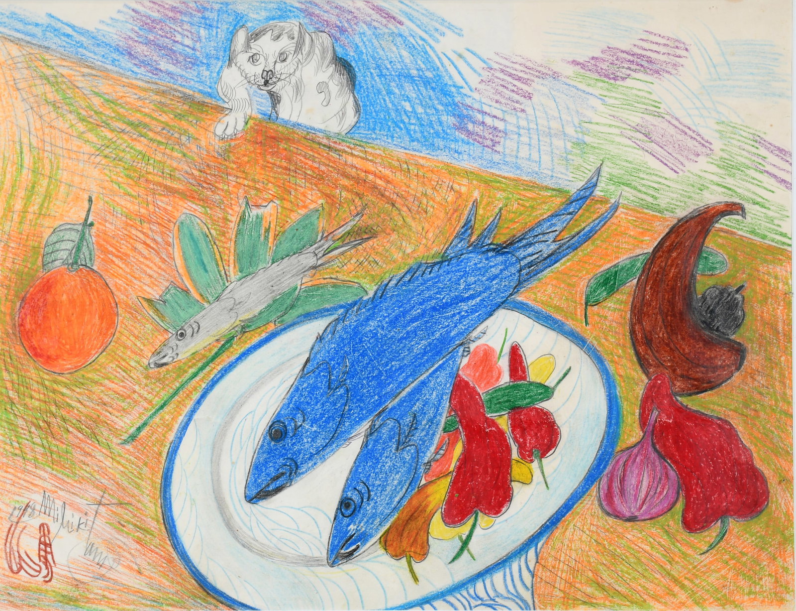 Jimmy Tsutomu Mirikitani. Fish and Cat.: Jimmy Tsutomu Mirikitani. (1920-2012). Fish and Cat. Signed and dated. Crayon paper. Excellent condition. Size with frame is 29" w x 23" h. Est. $1,000-2,000. Ship: $100. Jimmy was a fiercly independe