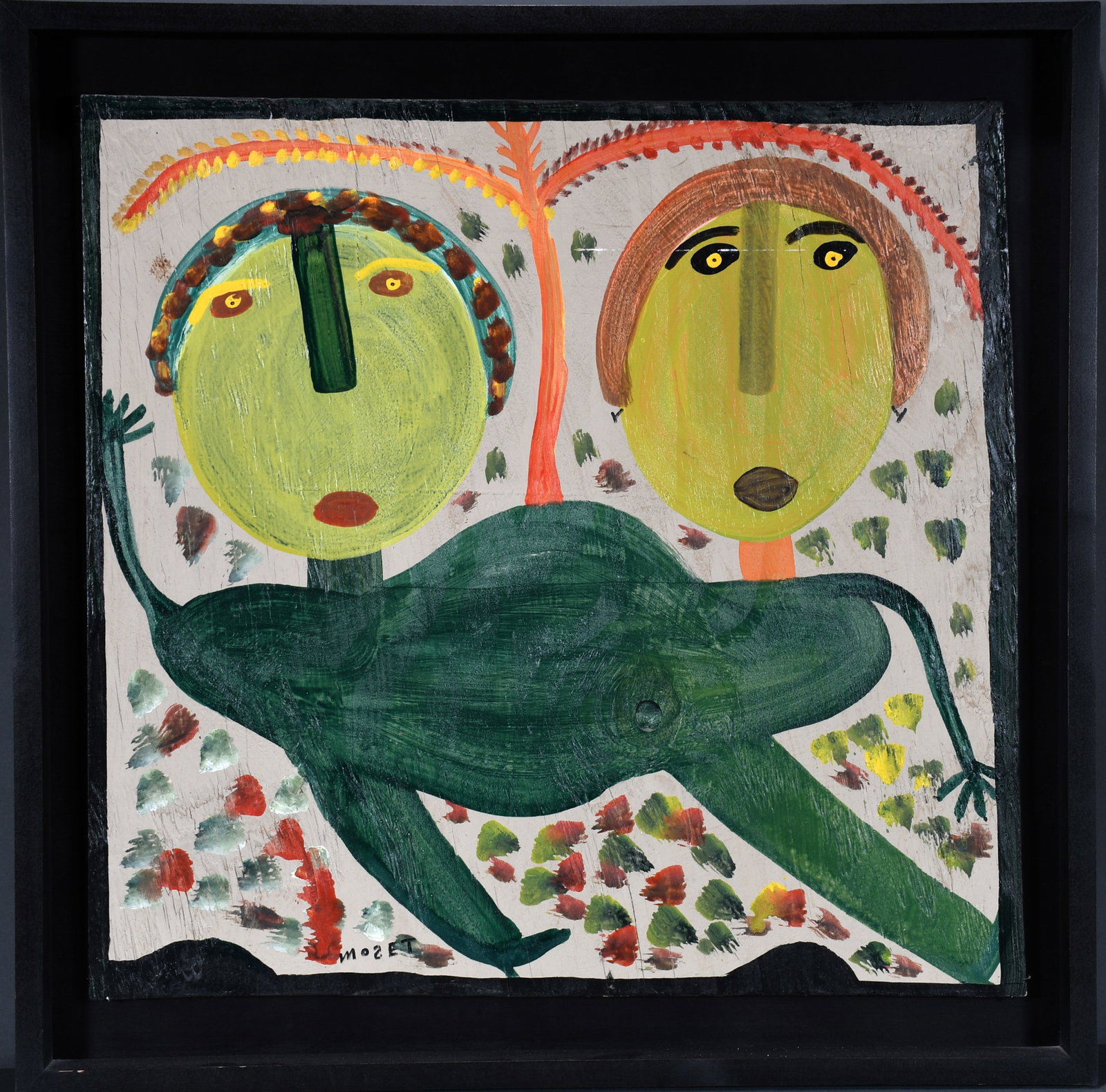 Mose Tolliver. Conjoined Twins In Green.: Mose Tolliver. Conjoined Twins In Green. Signed. Paint on board. Minor stray paint, otherwise excellent condition. Size with frame is 29" w x 29" h. Est. $800-1,200. Ship: $85