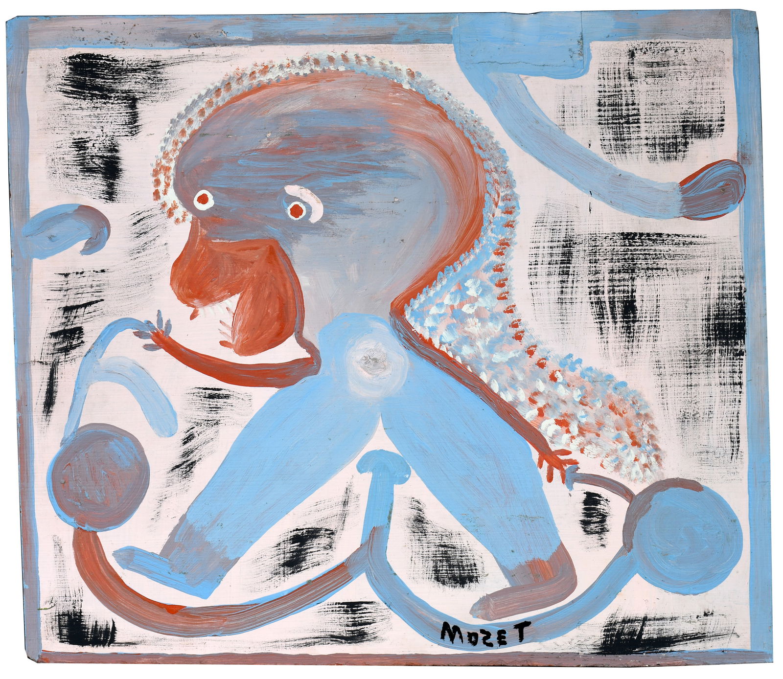 Mose Tolliver. Blue Moose Lady.: Mose Tolliver. Blue Moose Lady. Signed. Early example. Paint on found formica counter. Minor warping, otherwise excellent condition. 20" w x 17.5" h. Provenance: George H. Meyer Collection. Est. $800-
