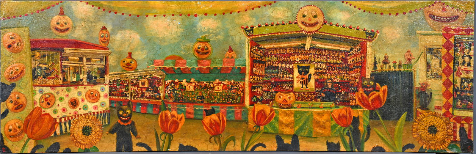 Elizabeth Shreve. Midway On Cat Day.: Elizabeth Shreve. (b. 1962). Midway On Cat Day. 2001. Signed, dated and titled. Oil and heavy varnish on linen. Slight crazing, otherwise excellent condition. 62" w x 20" h. Provenance: Carl Hammer Ga