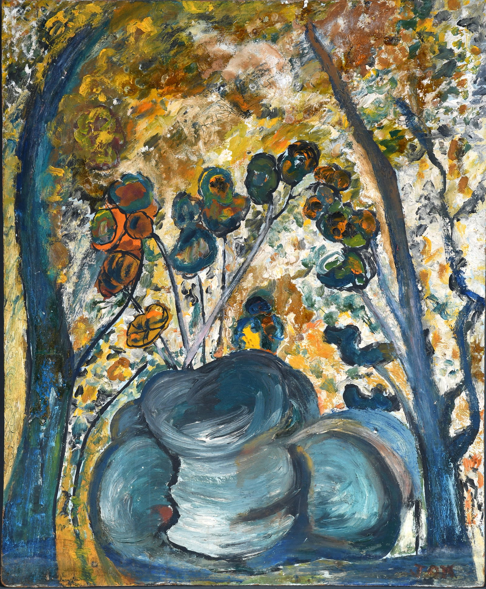 Jon Serl. Summer Season.: Jon Serl. Summer Season. 1963. #20. Signed, dated, titled and numbered. Paint on found Masonite. Minor water damage on bottom, otherwise good condition. 24" w x 29" h. Est. $500-800. Ship: $85