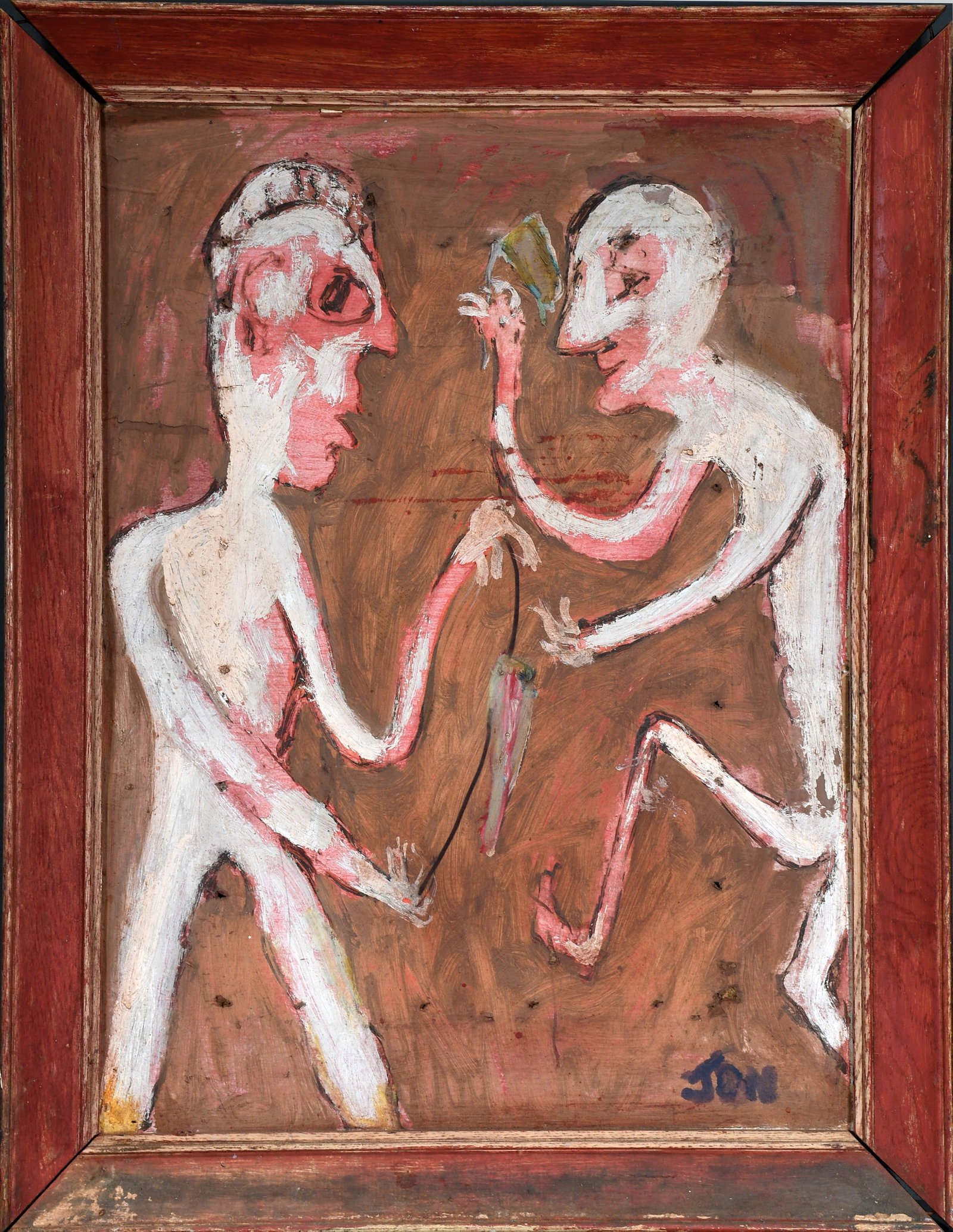 Jon Serl. Two Old Men: Jon Serl. Two Old Men. #40. Signed and numbered. Paint on found artist board. Warping from moisture, some surface grime and minor paint loss, otherwise fair condition. Size with frame is 23" w x 30" h