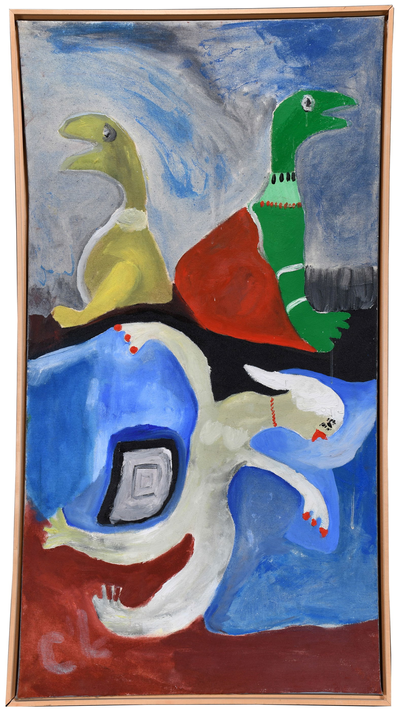 Charlie Lucas. Dinosaurs and Lady.: Charlie Lucas. Dinosaurs and Lady. Initialed. Paint on canvas. Excellent condition. Size with frame is 25" w x 46" h. Est. $800-1,200. Ship: $300