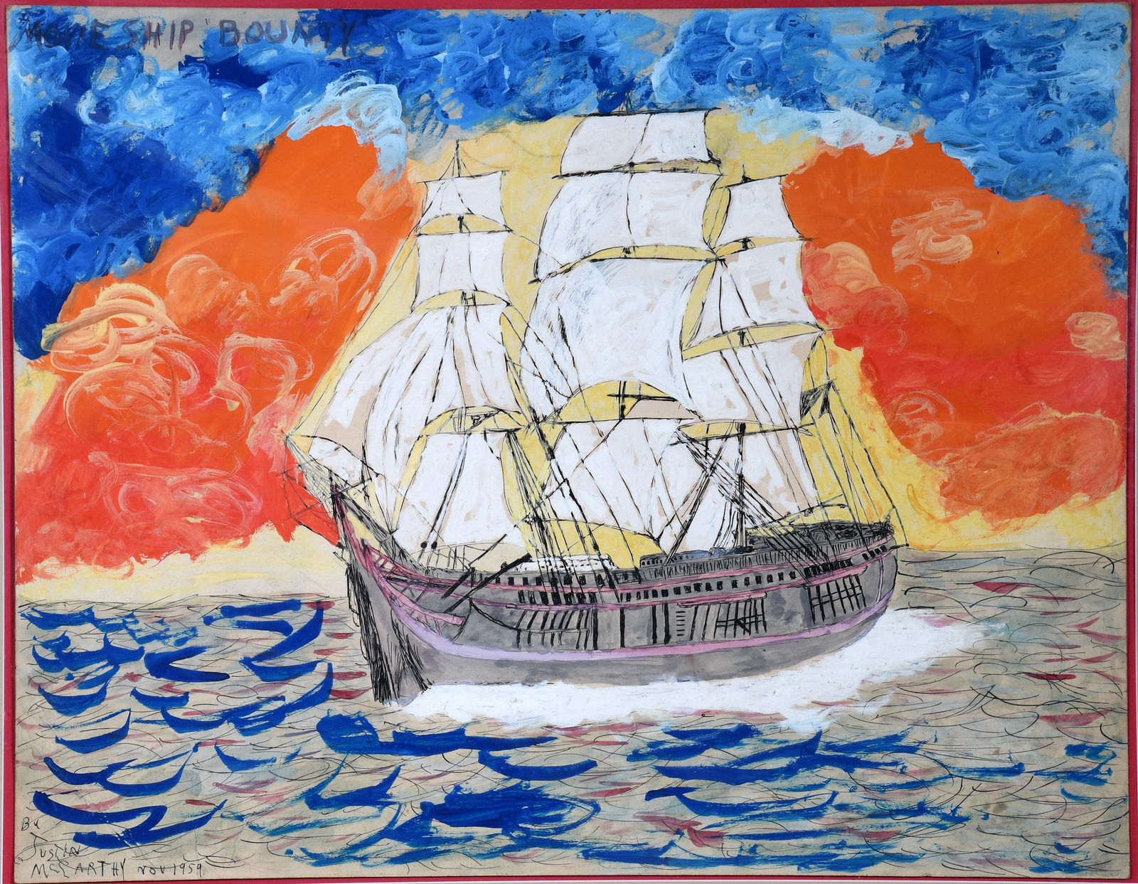 Justin McCarthy. Movie Ship Bounty.: Justin McCarthy. Movie Ship Bounty. 1959. Signed, dated and titled. Watercolor and ink on cardstock. Crease on bottom left corner, otherwise excellent condition. Image is 28" w x 22" h. Size with fram