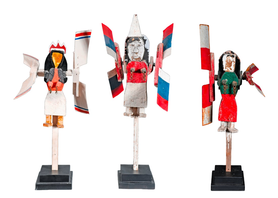 James Harold Jennings. Three Early Erotic Female Whirligigs.: James Harold Jennings. Three Early Erotic Female Whirligigs. Not signed. Assembled wood with mixed media and paint with moving wings and breasts. Original post mounts. Some environmental weathering, o