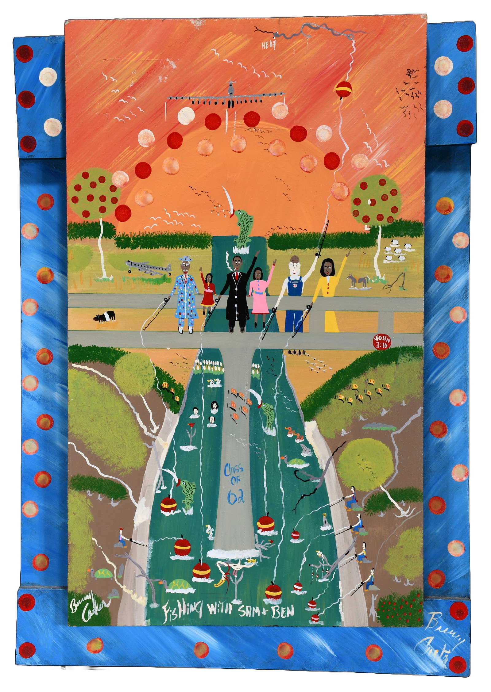 Benny Carter. Fishing with Sam and Ben.: Benny Carter. Fishing with Sam and Ben. 2002. Signed, dated and titled. Paint on board. Excellent condition. Size with frame is 21" w x 30" h. Est. $1,000-2,000. Ship: $125