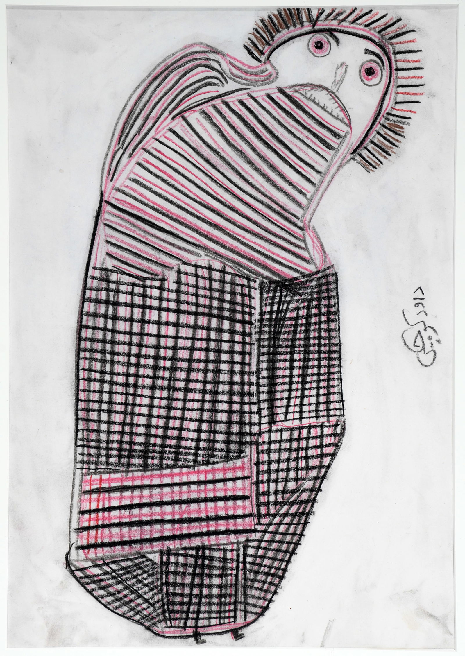 Davood Koochaki. Figure In Plaid.: Davood Koochaki. (1939-2020, Iran). Figure In Plaid. Signed. Crayon and graphite on paper. Excellent condition. Image is 11.5" w x 16.5" h. Size with frame is 18.5" w x 24" h. Est. $800-1,200. Ship: $