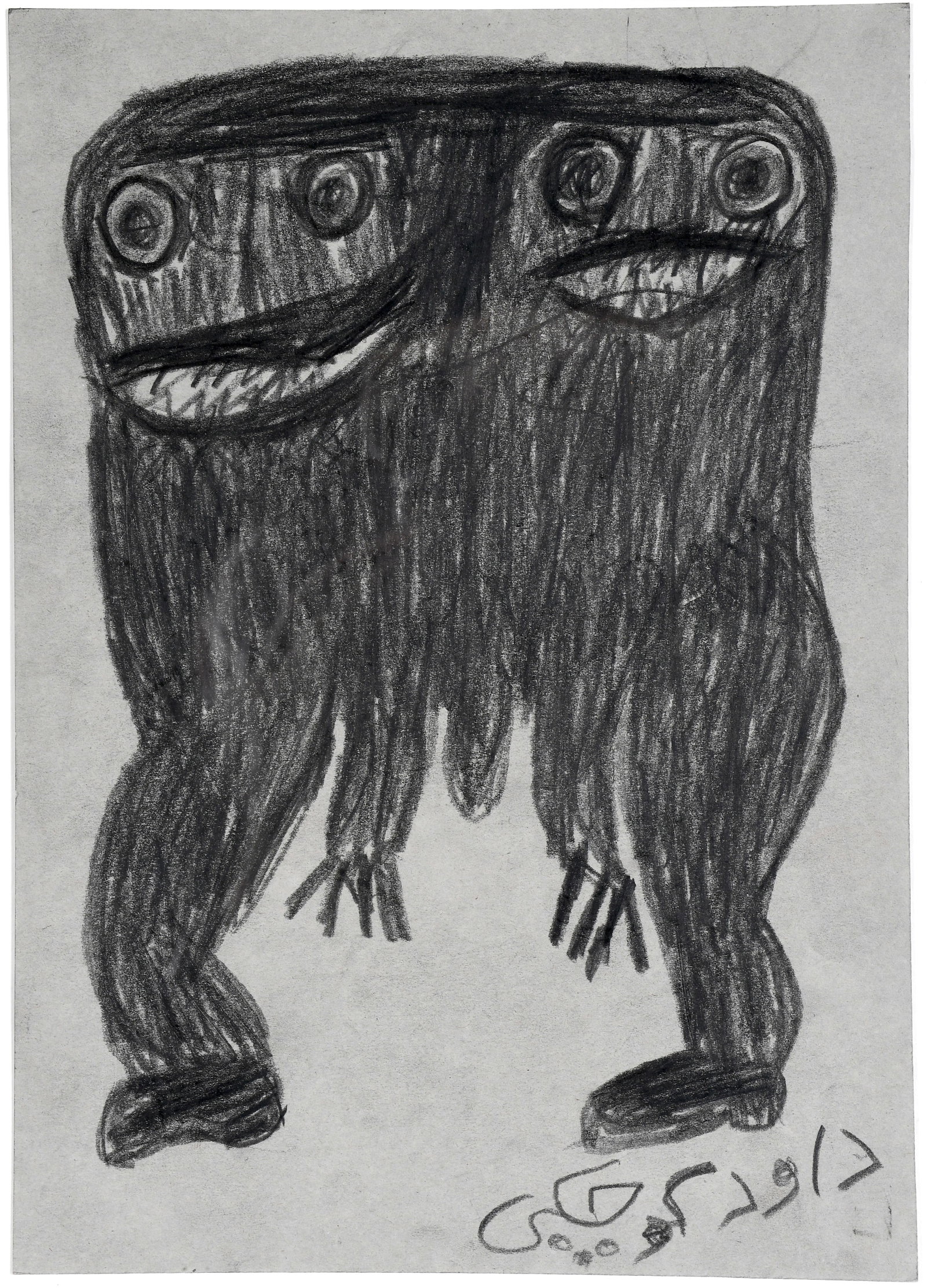 Davood Koochaki. Double Headed Monster.: Davood Koochaki. Double Headed Monster. Signed. Crayon on cardstock. Excellent condition. Image is 7" w x 10" h. Size with frame is 11.5" w x 14.5" h. Est. $300-500. Ship: $45