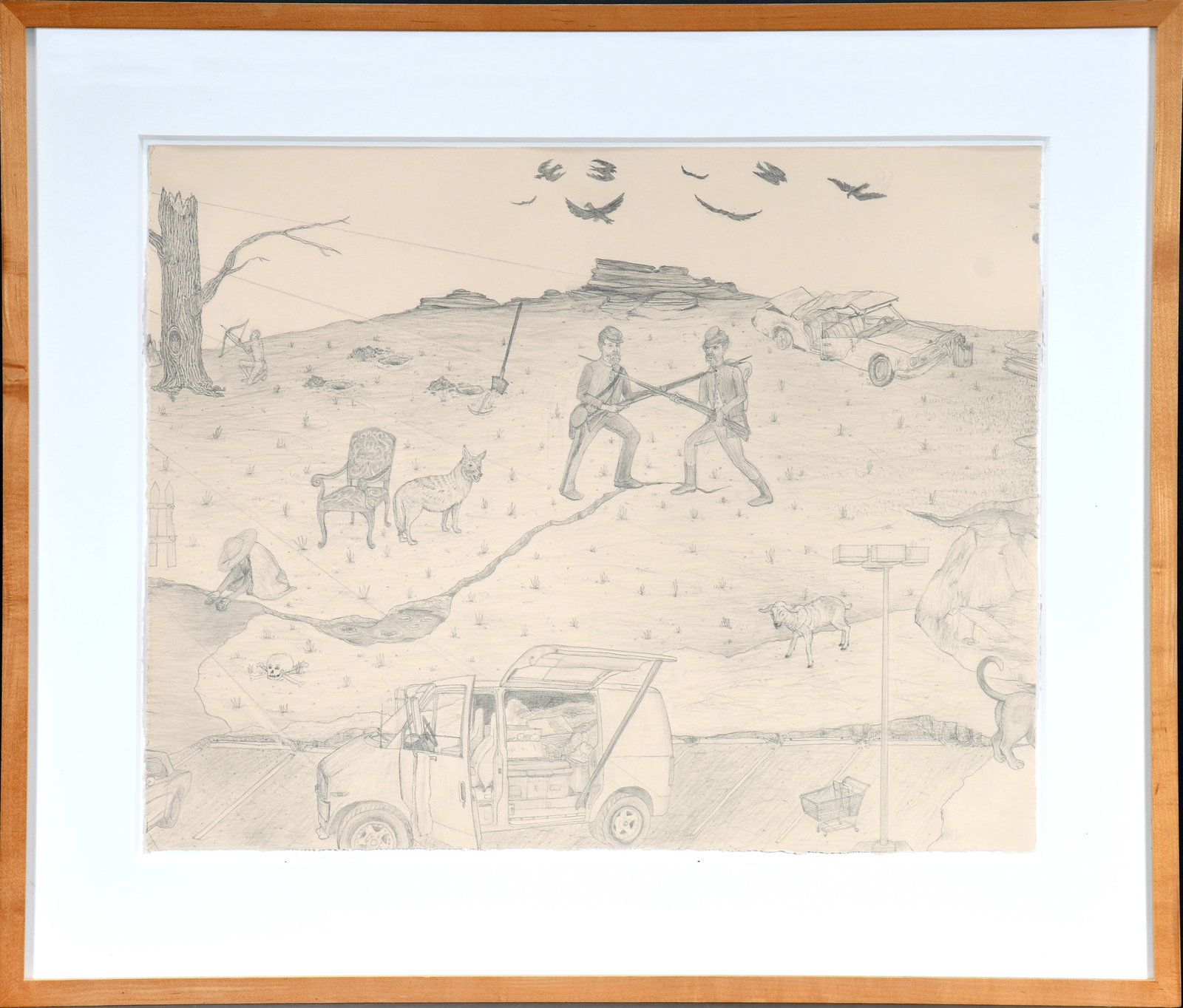 Michael Krueger. Ubiquitous Histories - Drawing America: Going South To Get North.: Michael Krueger. Ubiquitous Histories - Drawing America: Going South To Get North. 3rd of Triptych. c. 2000. Graphite on paper. Excellent condition. Image is 22" w x 17" h. Size with frame is 29" w x 