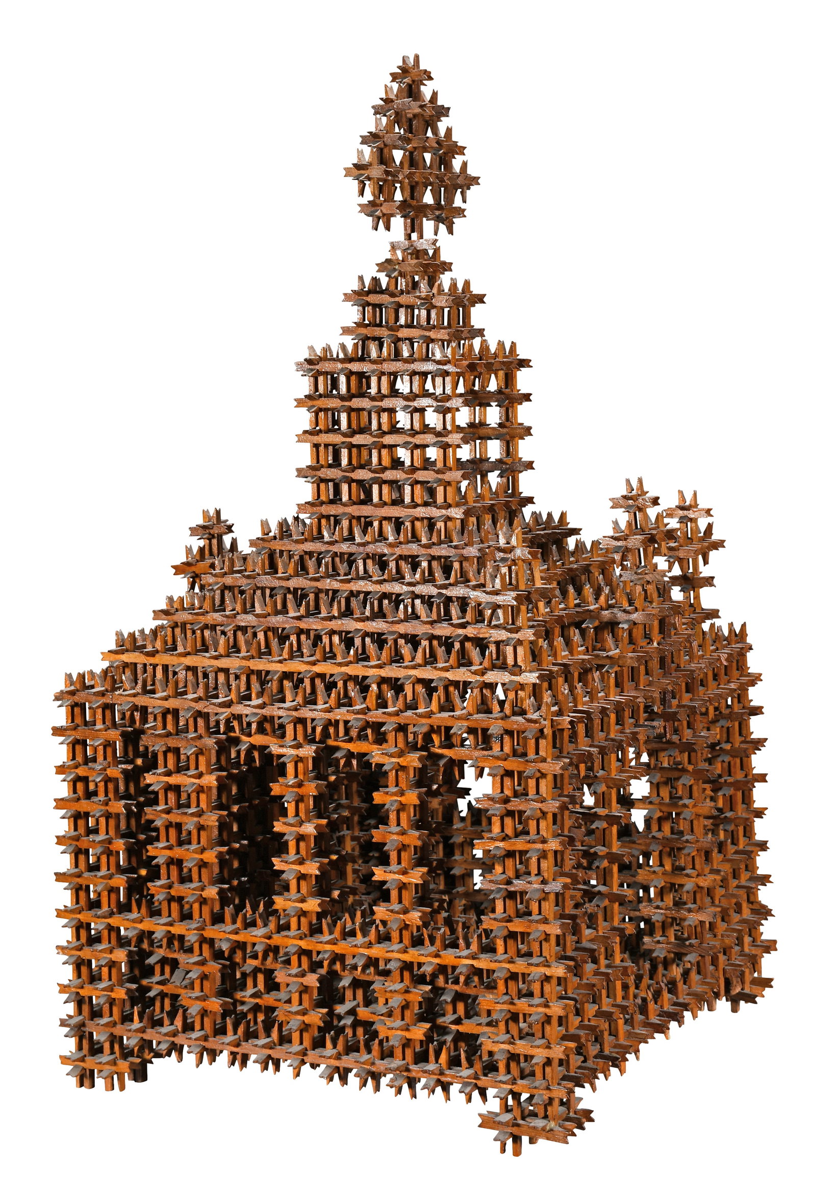 Crown of Thorns Tramp Art Monumental Church.: Anonymous Crown of Thorns Tramp Art Monumental Church. Carved and stained wood. Minor repairs, overall good condition. 38" h x 20.5" w x 20.5" d. Provenance: Museum at the Franciscans Sisters of Chica