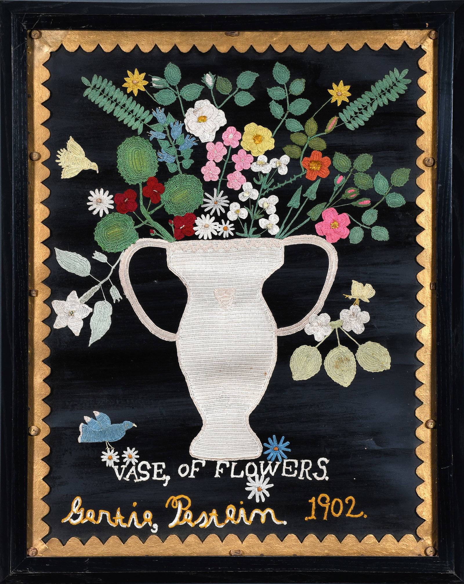 Gertie Pestein. Vase Of Flowers.: Gertie Pestein. (Iowa). Vase Of Flowers. 1902. Signed, dated and titled. Crochet backed to cardstock. Minor waving of paper, otherwise great condition with original backing. Size with frame is 24" w x