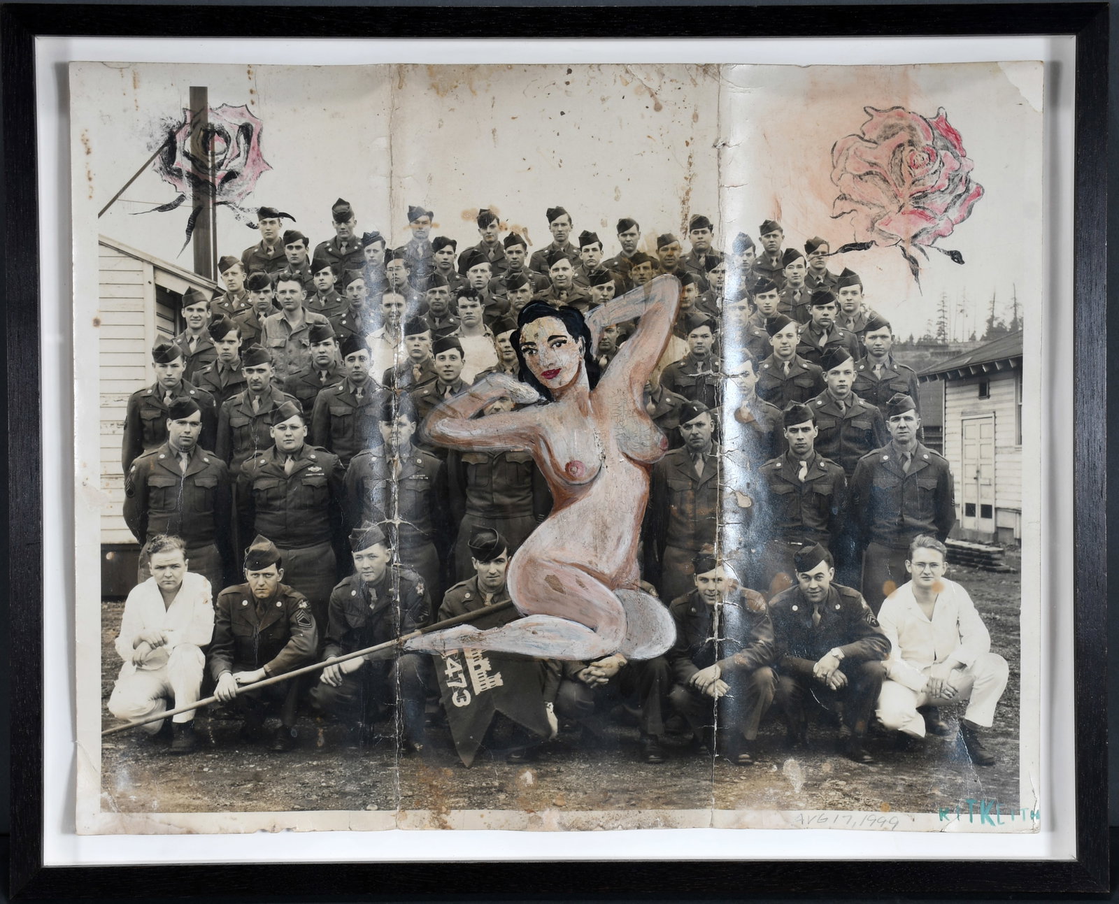 Kit Keith. Nude Girly Over Found Vintage Photo.: Kit Keith. (b. 1963). Nude Girly Over Found Vintage Photo. 1999. Signed and dated. Painting of nude woman over black and white WWII photograph of a battalion of soldiers. Creases and staining of photo