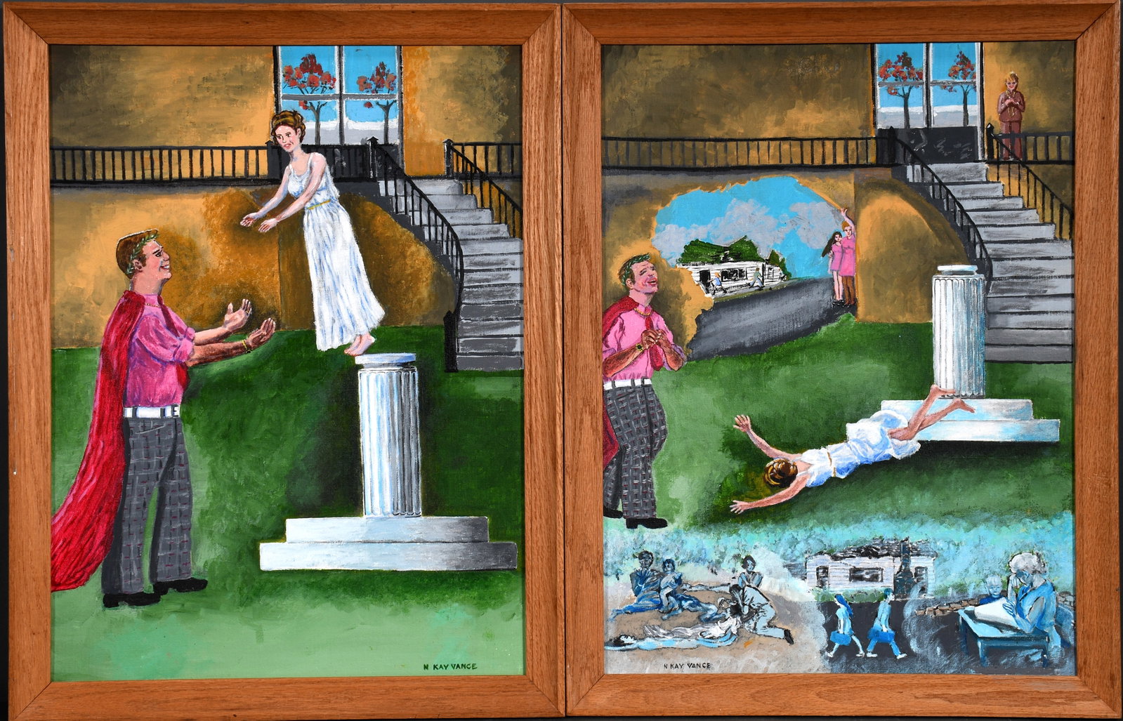 Nell Kay Vance. Diptych - The Pedestal.: Nell Kay Vance. Diptych - The Pedestal. Signed. Oil on canvas panel. Excellent condition. 20" w x 26" h each with frames. Est. $400-600. Ship: $85