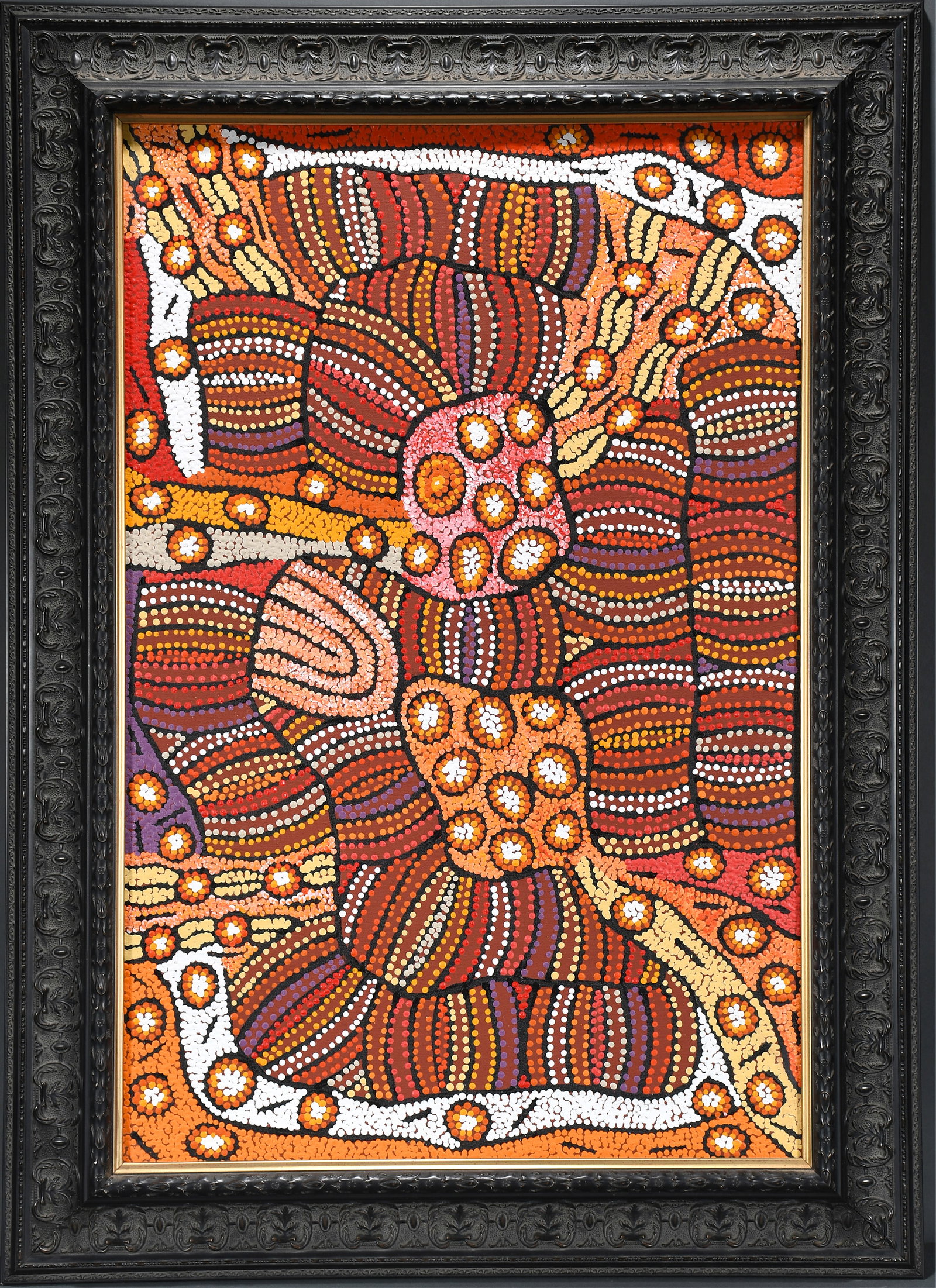 Esther Bruno Nangala. Western Desert Imagery.: Esther Bruno Nangala. (b. 1981). Western Desert Imagery. Signed. Paint on canvas. Excellent condition. Size with frame is 32" w x 44" h. Est. $1,000-2,000. Ship: $500. Nangala is the Granddaughter of 