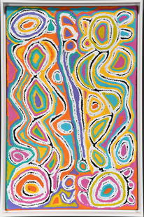 Aboriginal Art. Abstract.: Aboriginal Art. Abstract. 2015. Dated. Heavy oil on canvas. Excellent condition. Size with frame is 26" w x 38" h. Est. $800-1,200. Ship: $200
