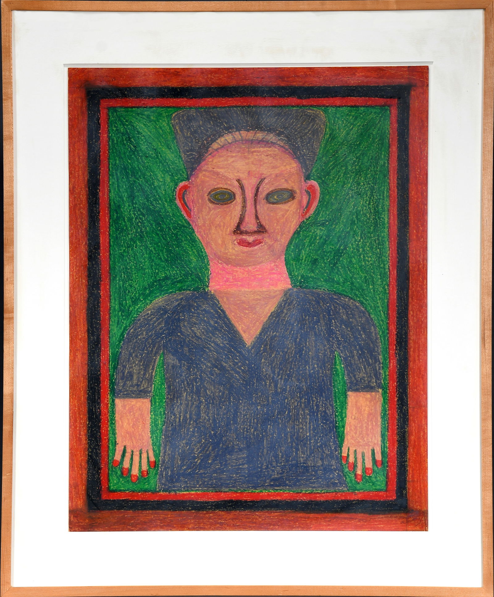 Eddie Arning. Woman With Red Fingernails.: Eddie Arning. Woman With Red Fingernails. c. 1965. Cray pas on paper. Excellent condition. Image is 20" w x 26" h. Size with frame is 27" w x 33" h. Provenance: Janet Fleisher Gallery. Est. $2,000-3,0