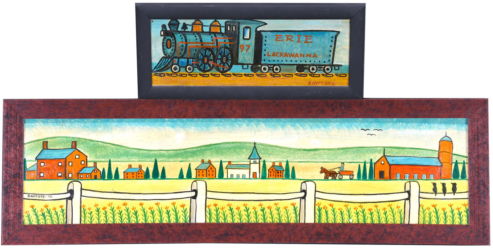 Jack Savitsky. Train & Fence Line Pair of Paintings. (1 of 7)