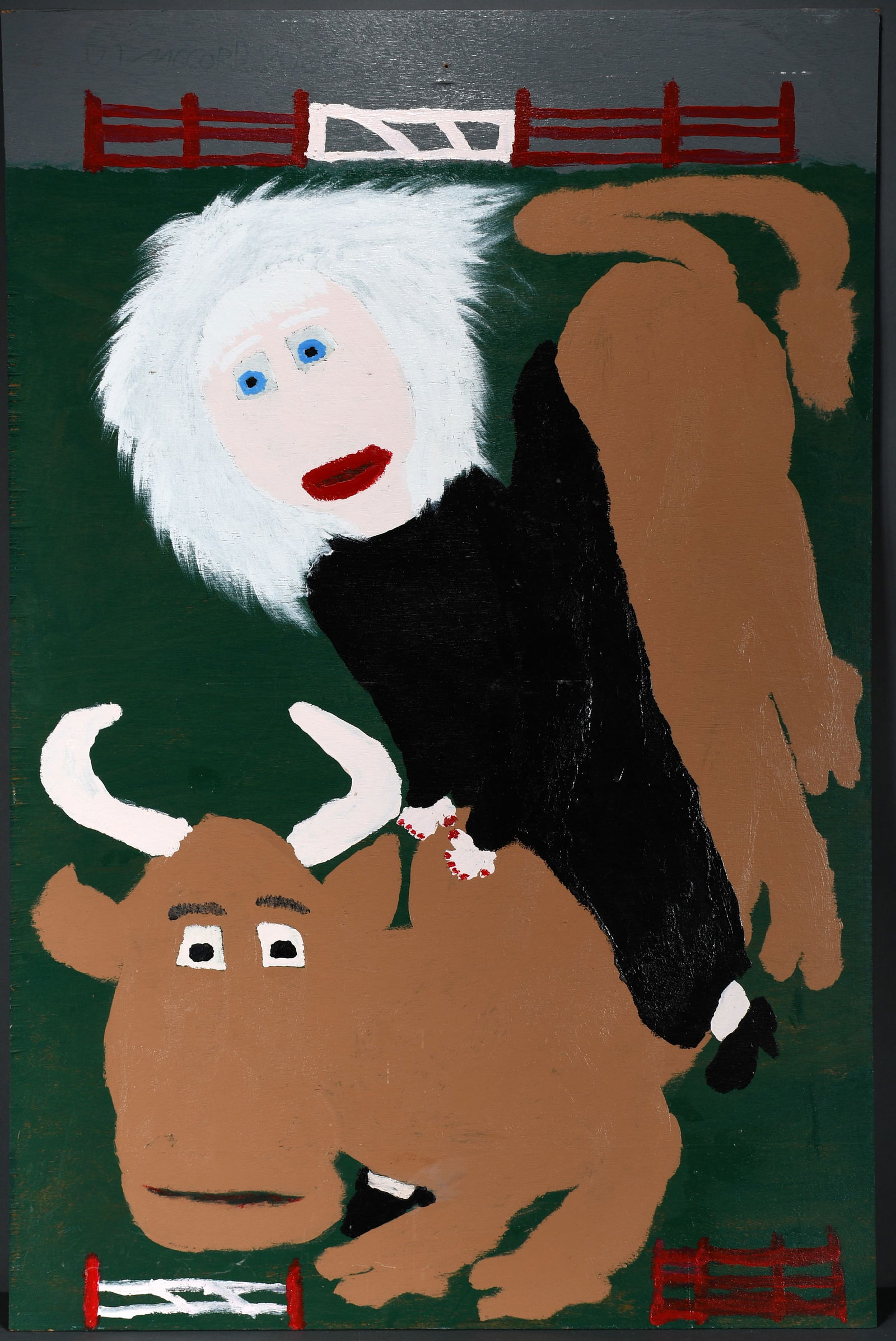 Jake McCord. Santa and Bull Rider.: Jake McCord. Santa and Bull Rider - Double-Sided Painting. 2004. Signed and dated. Paint on board. Hole from original hanging and minor loss on Santa. Bull rider is in excellent condition. 32" w x 48"