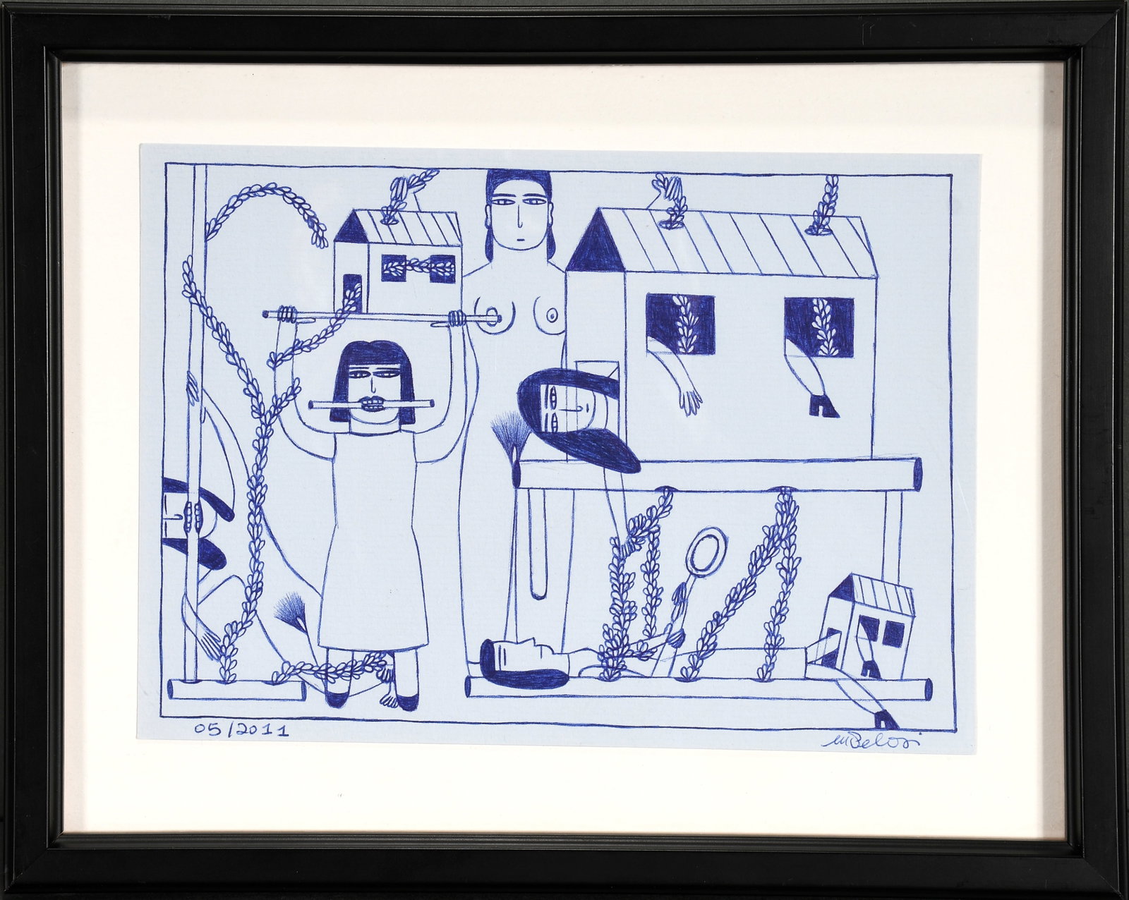 Marilena Pelosi. Figures In Blue.: Marilena Pelosi. Figures In Blue. 2011. Signed and dated. Ink on paper. Excellent condition. Image is 8" w x 6" h. Size with frame is 11" w x 8.5" h. Est. $500-800. Ship: $45
