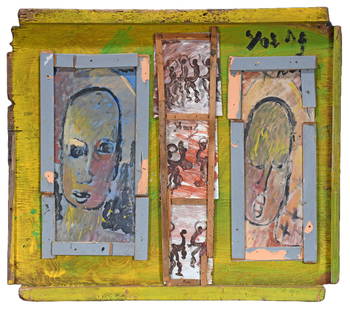 Purvis Young. Portraits In A Frame.: Purvis Young. Portraits In A Frame. Signed. Paint on found board with mixed media construction. Good condition. 39" w x 35" h. Est. $1,000-2,000. Ship: $300