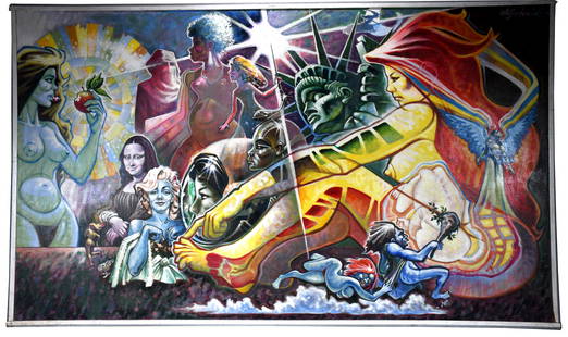 Willi Wolfschmidt. Earth Woman Anatomical.: Willi Wolfschmidt. (b. 1936, Ohio). Earth Woman Anatomical. 1985. Signed, dated and titled. Acrylic on canvas. Excellent condition. Size with artist-made frame is 86" w x 51" h. Very large. Est. $500-