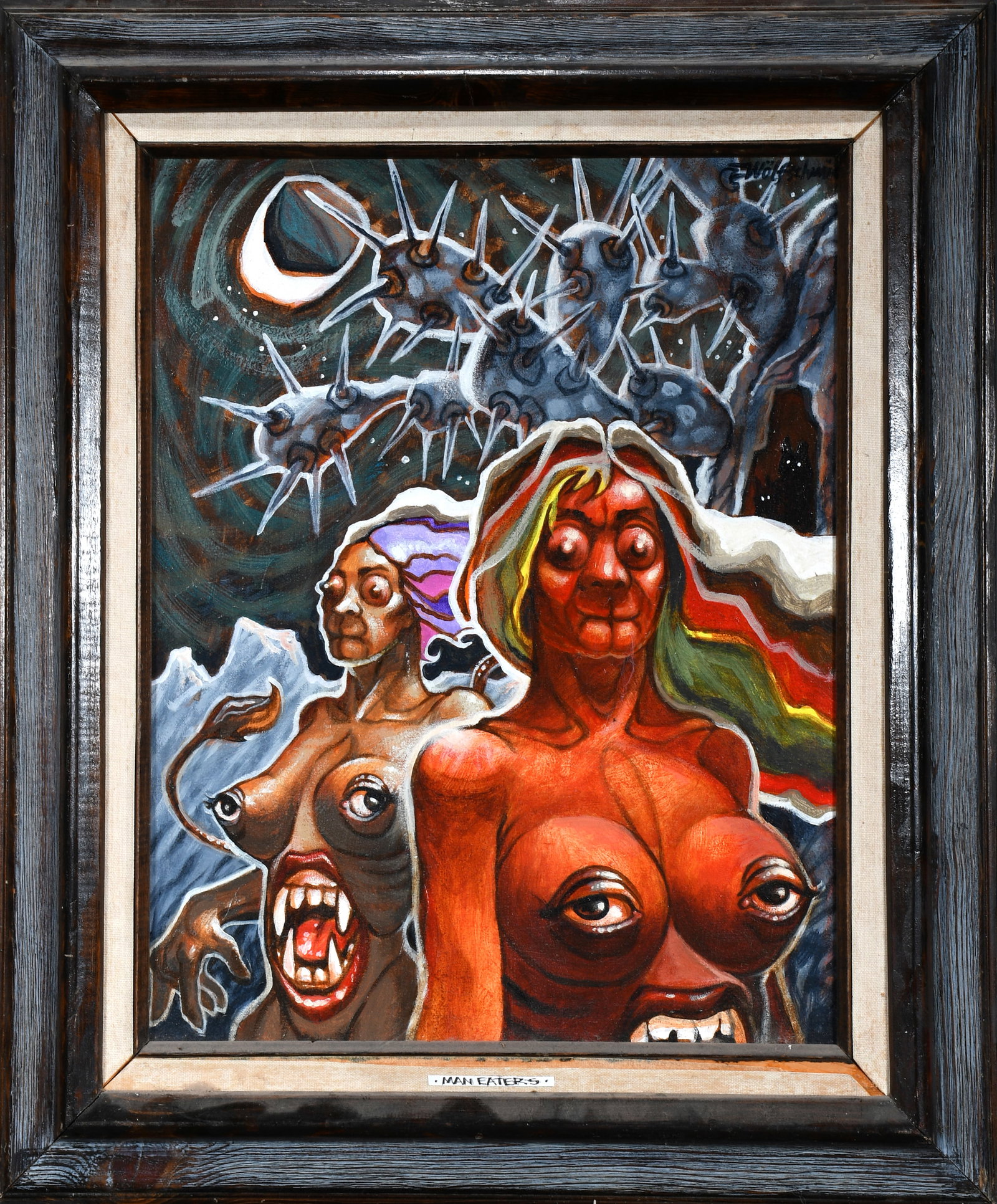 Willi Wolfschmidt. Man Eaters.: Willi Wolfschmidt. Man Eaters. 2002. Signed, dated and titled. Acrylic on canvas. Excellent condition. Size with frame is 22" w x 27" h. Est. $200-400. Ship: $55