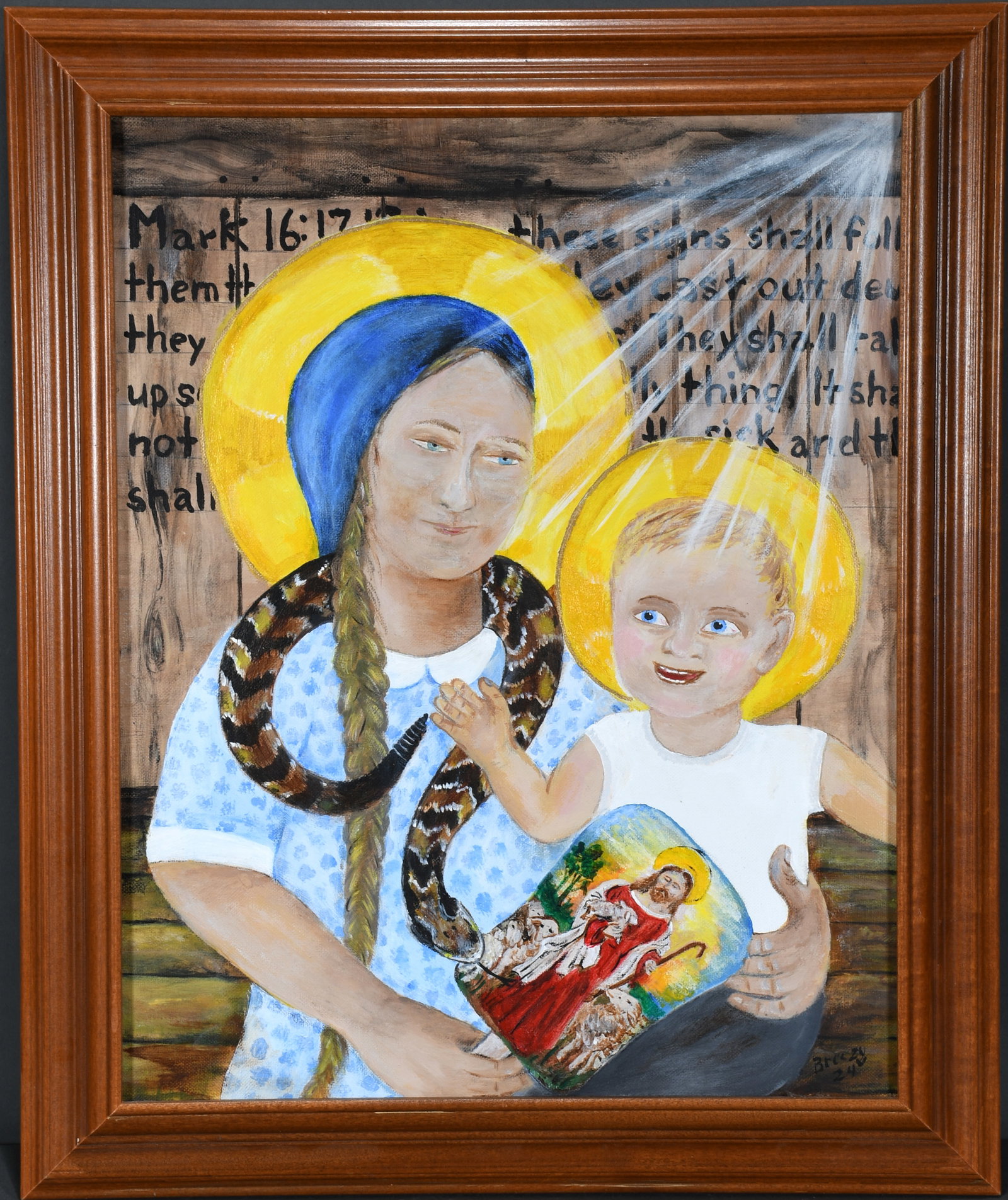 Dale Breezy Ellis. Ladonna and Child, Saints, Signs & Serpents.: Dale Breezy Ellis. Ladonna and Child, Saints, Signs and Serpents. 2024. Signed, dated and titled. Paint on canvas. Excellent condition. Size with frame is 20" w x 24" h. Est. $300-500. Ship: $55