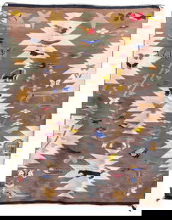 Navajo Pictorial Rug.: Navajo Pictorial Rug. c. 1960's-70's. 17 different birds on hand-knotted dyed wool with lions, tigers, donkeys, skunk, cat, butterflies and squirrels. Excellent condition. Masterpiece Example. 57.5" w