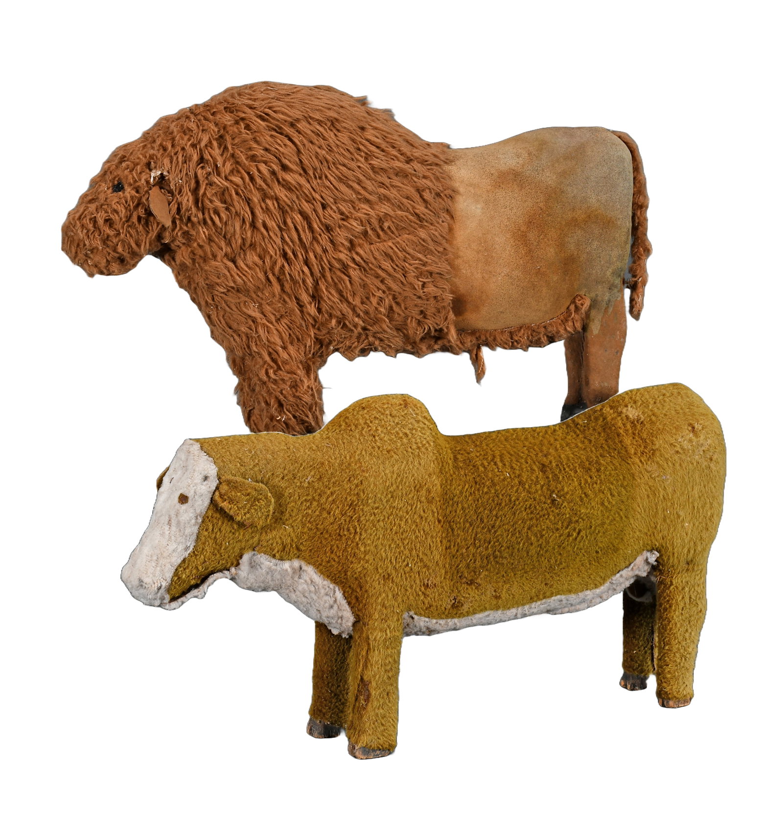 Dan Hot. Bison and Bull.: Dan Hot. Bison and Bull. Carved wood with fabric cover. Bison missing horns, wear and tear on material, otherwise fair condition. Average size is 24" w. Est. $200-300. Ship: $150