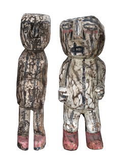 Native American. Pair of Skin Walker Kachinas.: Native American. Pair of Skin Walker Kachinas. Paint on carved cotton wood and hardwood. Expected wear and aging of paint, otherwise great condition. Average size is 17" h. Est. $300-500. Ship: $75