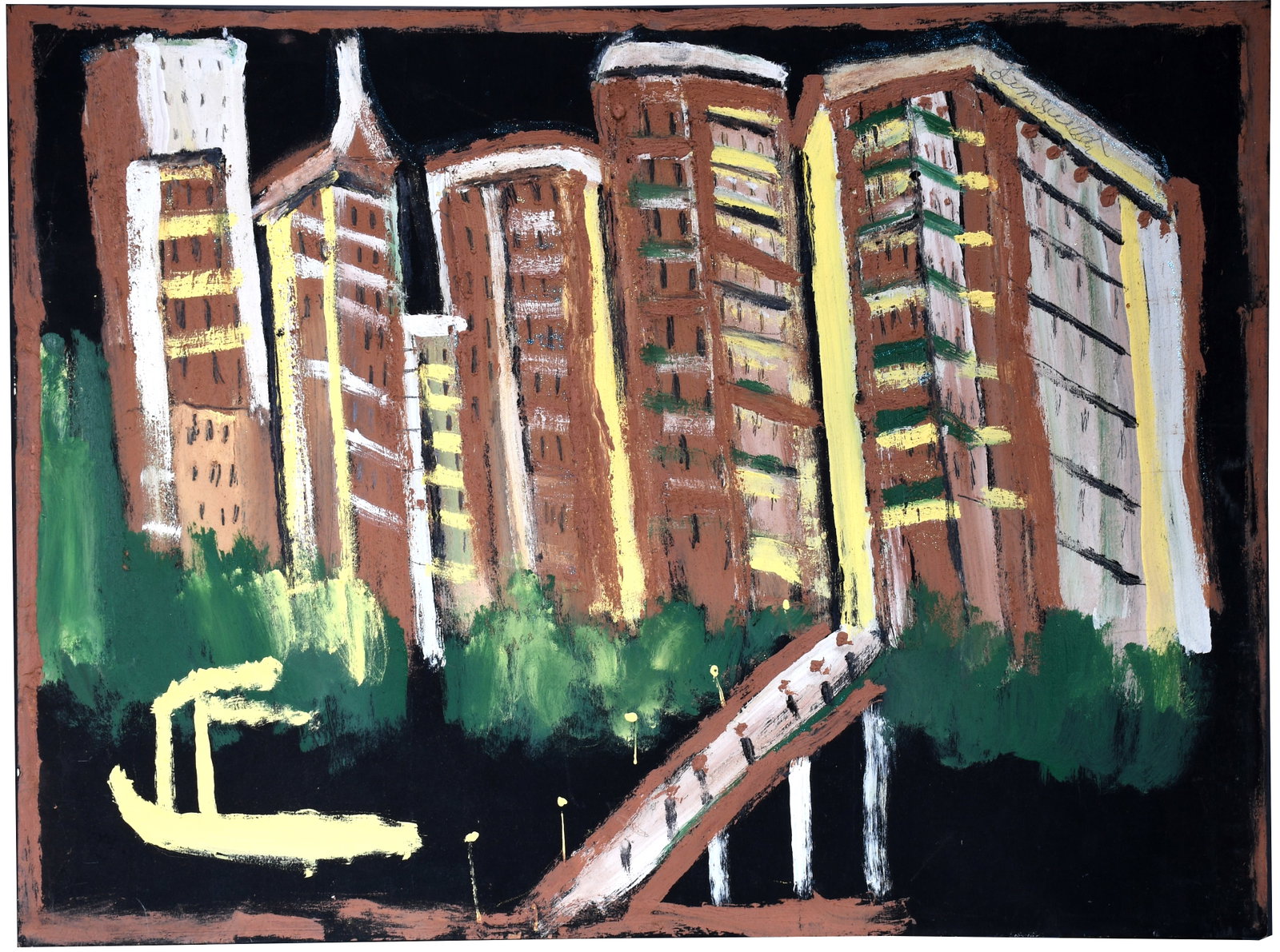 Jimmy Lee Sudduth. Urban Skyline.: Jimmy Lee Sudduth. (1910-2007, Alabama). Urban Skyline. Signed. Paint, mud and glitter on board. Excellent condition. 48" w x 36" h. Est. $1,000-2,000. Ship: $500