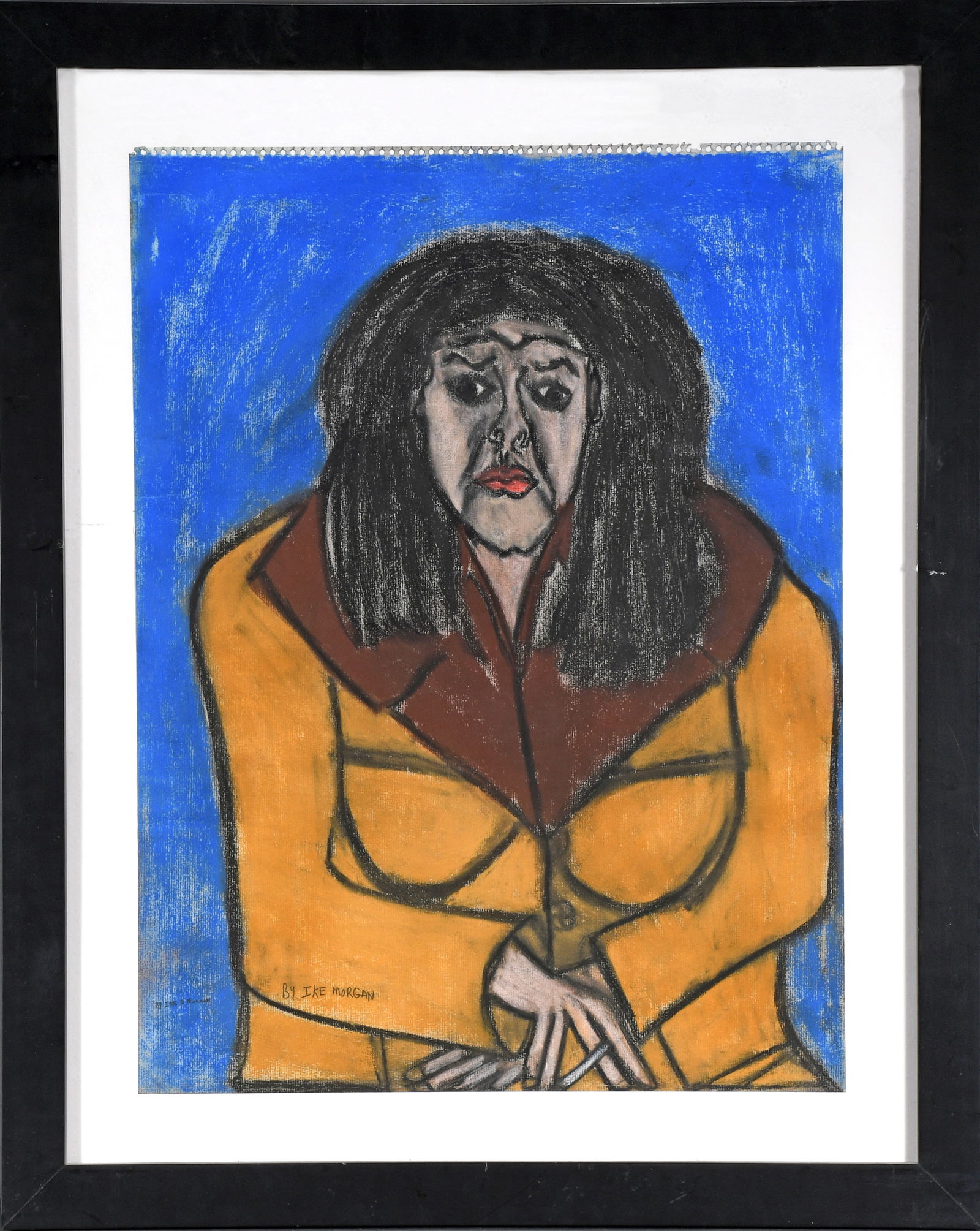 Ike Morgan. Woman In Coat.: Ike Morgan. Woman In Coat. 1989. Signed and dated. Oil pastel on paper. Excellent condition. Size with frame is 25" w x 31" h. Est. $200-400. Ship: $150