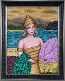 Stephen Warde Anderson. Shell Girl.: Stephen Warde Anderson. Shell Girl. Signature not visible. Mixed media and paint on artist board. Excellent condition. Size with frame is 17.5" w x 21" h. Est. $400-600. Ship: $55