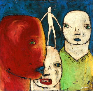 Michael Banks. Group Thought.: Michael Banks. Group Thought. Signed. Mixed media on board. Dog-earred corner, otherwise good condition. 24" w x 23" h. Est. $400-600. Ship: $65