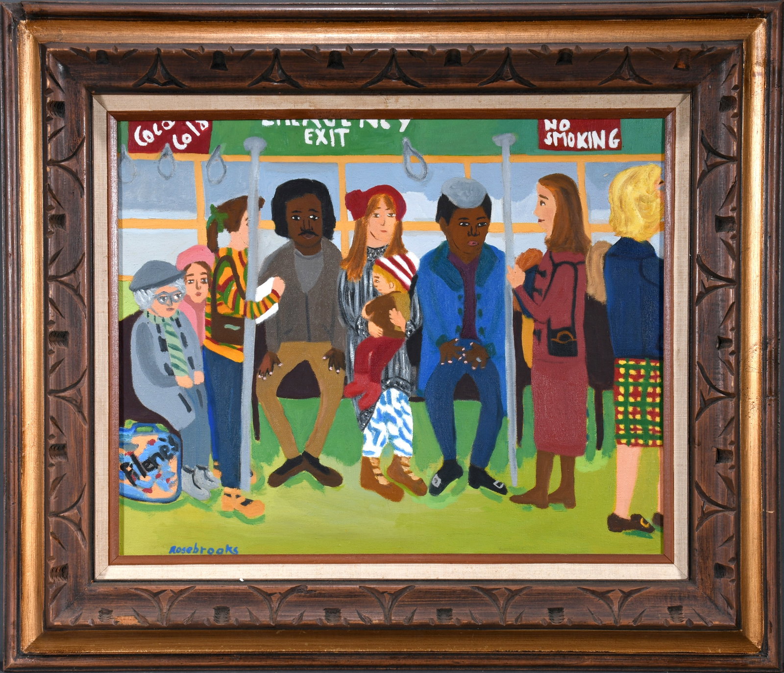 Ann C. Rosebrooks. Riding On The MTA.: Ann C. Rosebrooks. Riding On The MTA. 1975. Signed, titled and dated. Oil on canvas. Excellent condition. Size with frame 28" w x 24" h. Est. $200-400. Ship: $85